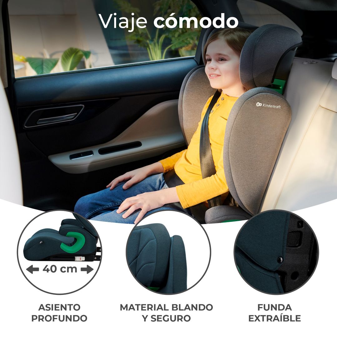 Niña en Silla de auto Butaca JUNIOR FIX 2 i - Size color verde KinderKraft en el asiento trasero de un auto
