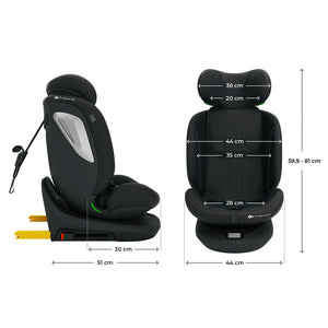 Ficha técnica de medidas de la silla de auto Kinderkraft I-GROW 2 PLUS: ancho, profundidad y alto del asiento y del reposacabezas en centímetros