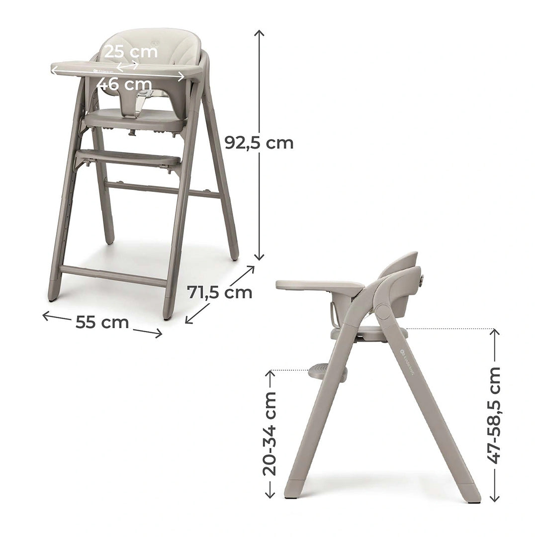 Silla de comer 3 en 1 Tino de Kinderkraft color Beige, vista frontal y lateral con medidas del producto