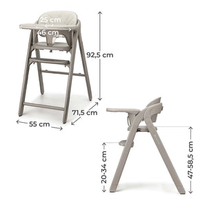 Silla de comer 3 en 1 Tino de Kinderkraft color Beige, vista frontal y lateral con medidas del producto