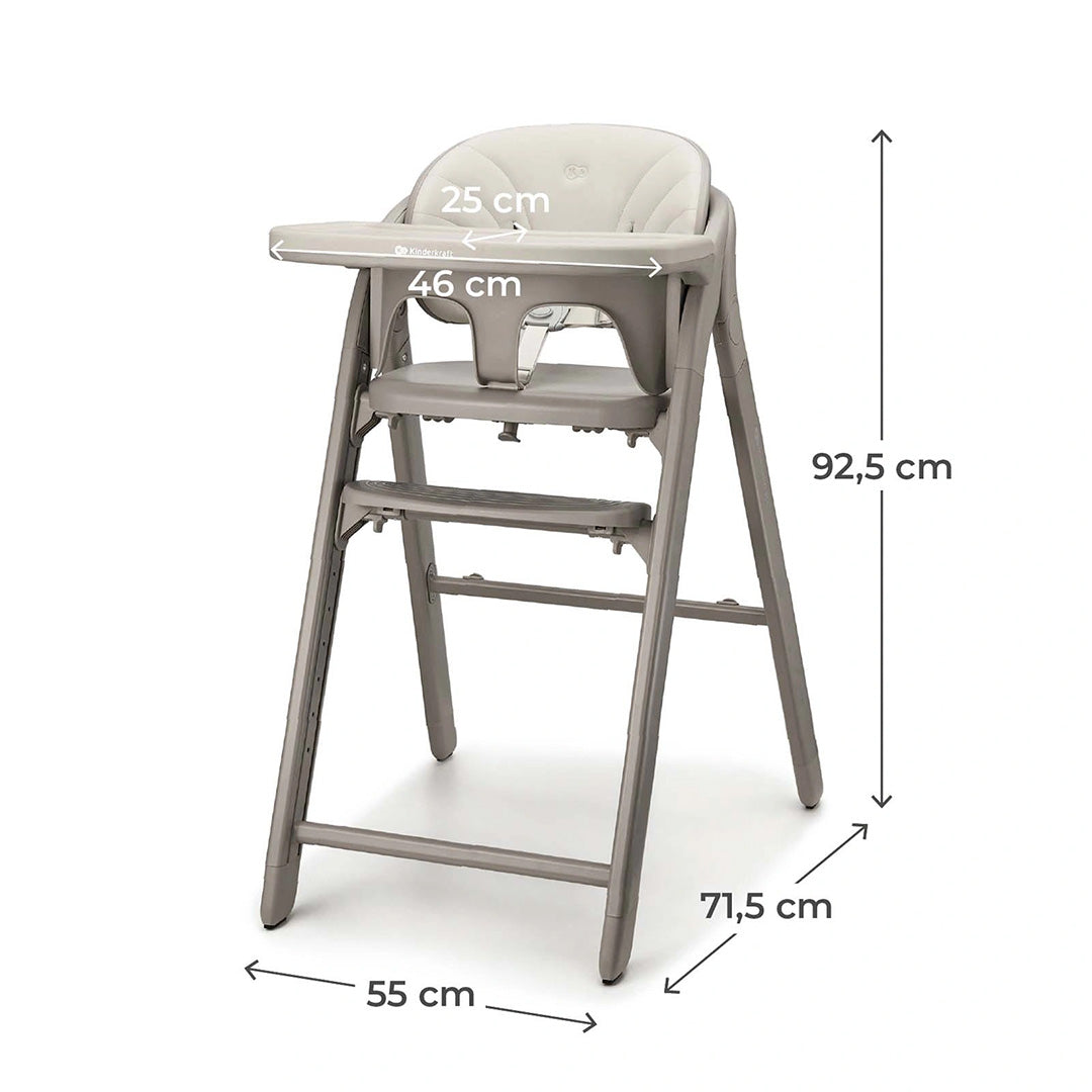 Silla de comer 3 en 1 Tino de Kinderkraft color Beige, vista frontal con medidas del producto y la bandeja
