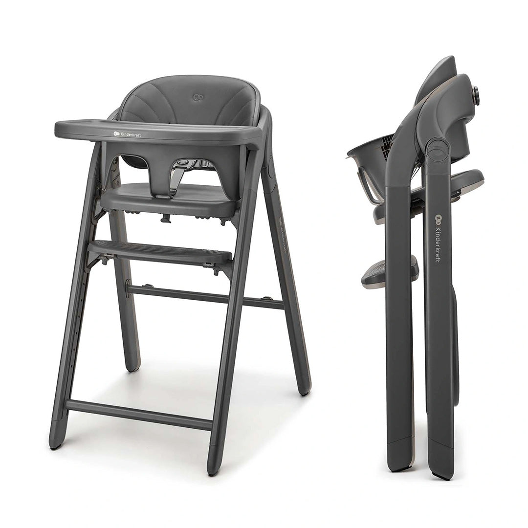 Silla de comer 3 en 1 Tino de Kinderkraft color Gris, vista frontal en ángulo y vista lateral plegada