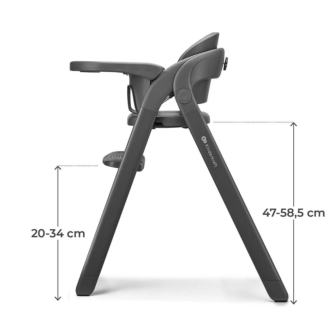 Silla de comer 3 en 1 Tino de Kinderkraft color Gris, vista lateral con medidas de altura del asiento y el reposapiés