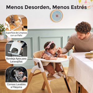 Papá dándole comida a una bebé sentada en la silla DinerPal Momcozy, con detalles de superficie que se limpia con un paño, bandeja apta para lavavajillas y correas lavables a máquina