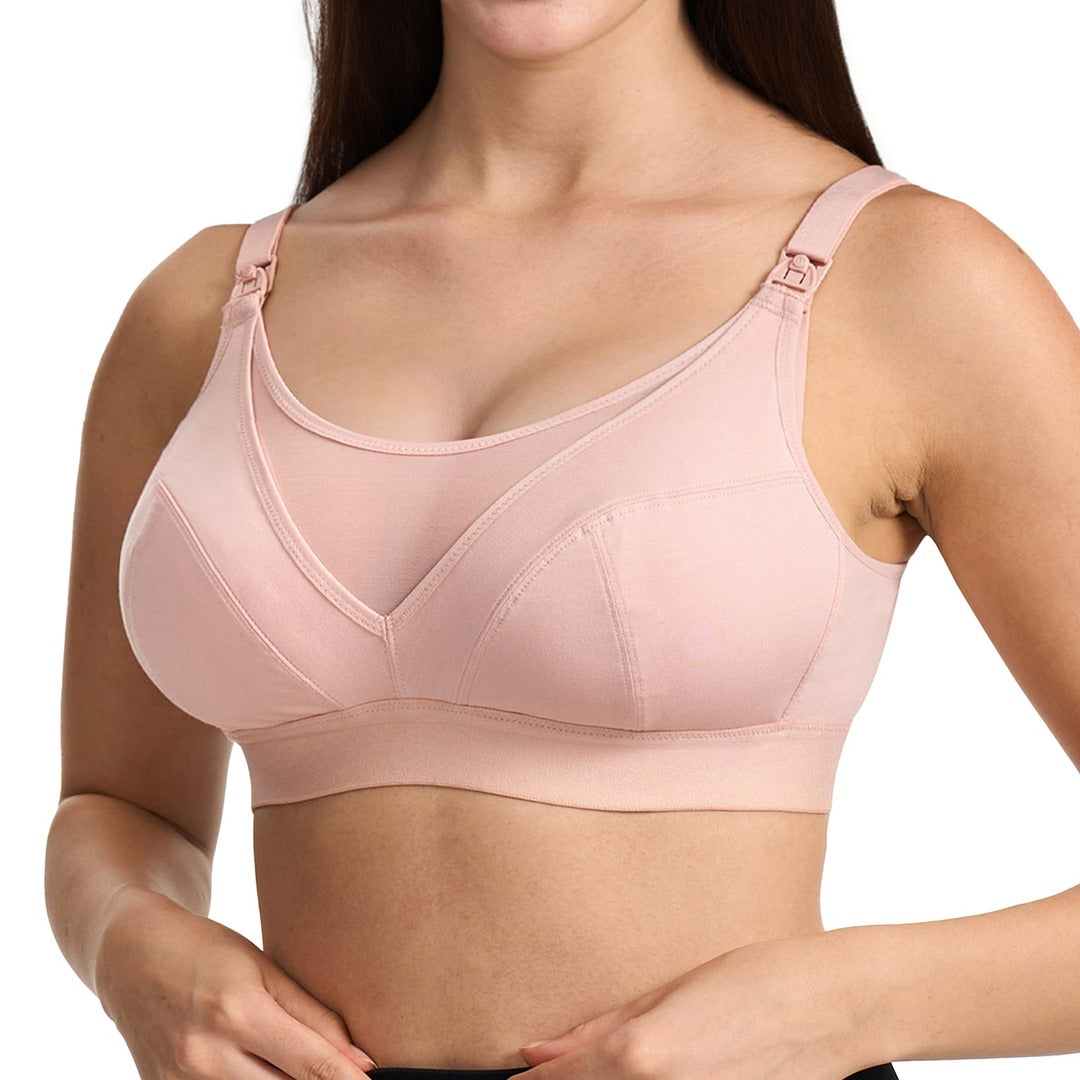 Sostén de extracción y lactancia Mesh HF018 Momcozy en color beige rosado, vista frontal sobre modelo