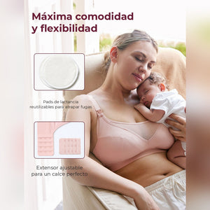 Mamá con su bebé usando el sostén Momcozy HF018 beige, junto a los pads de lactancia y el extensor
