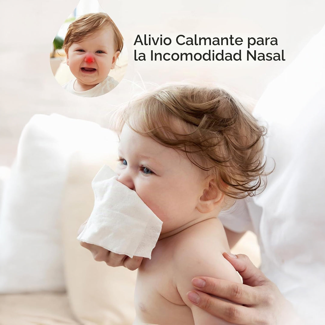 Bebé usando toallita salina Momcozy para alivio de incomodidad nasal — limpieza calmante sin irritación