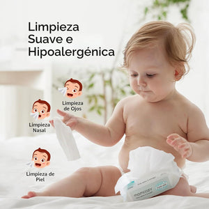 Toallitas salinas Momcozy para nariz bebé — limpieza suave e hipoalergénica para nariz, ojos y piel del bebé