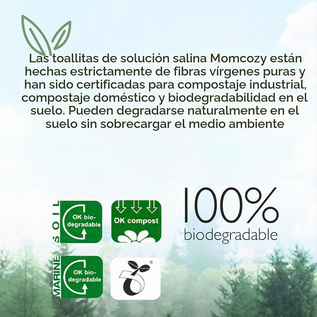 Toallitas salinas Momcozy 100% biodegradables — certificadas para compostaje industrial y doméstico, fibras vírgenes puras