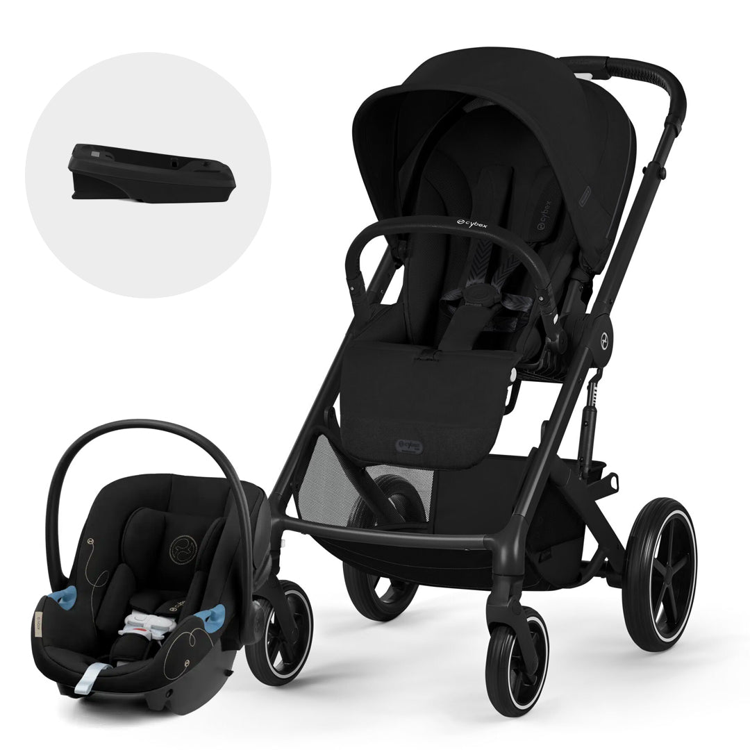 Travel System Balios S Lux 2026 de Cybex color Moon Black junto a la silla de auto nido Aton G y su base compatible con sistema Latch o cinturón de seguridad