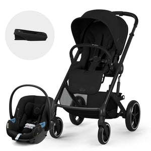 Travel System Balios S Lux 2026 de Cybex color Moon Black junto a la silla de auto nido Aton G y su base compatible con sistema Latch o cinturón de seguridad