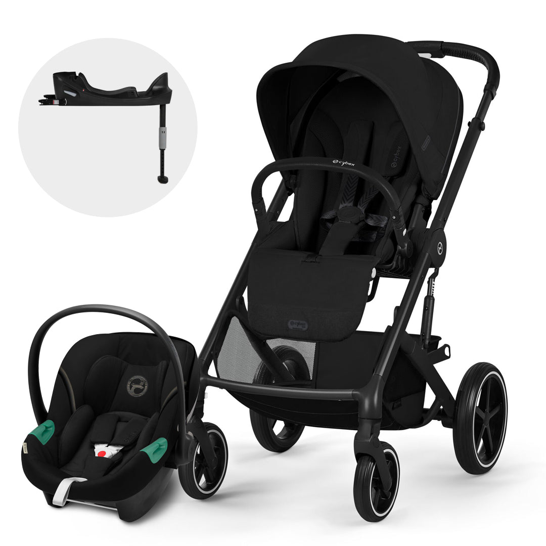 Travel System Balios S Lux 2026 de Cybex color Moon Black junto a la silla de auto nido Aton S2 y su base Base One con pata de apoyo