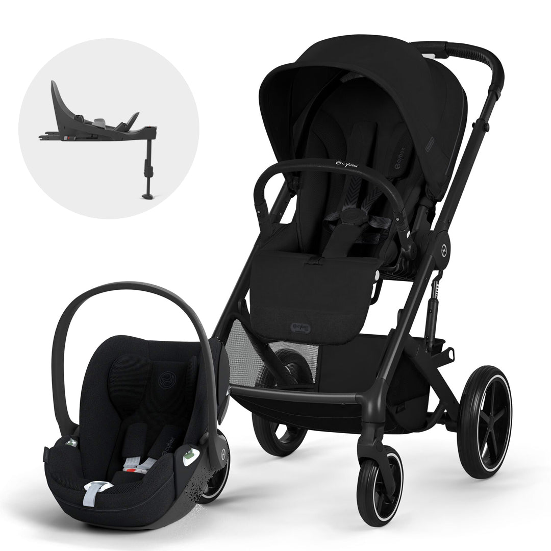 Travel System Balios S Lux 2026 de Cybex color Moon Black junto a la silla de auto nido Cloud T Plus y su base Base T