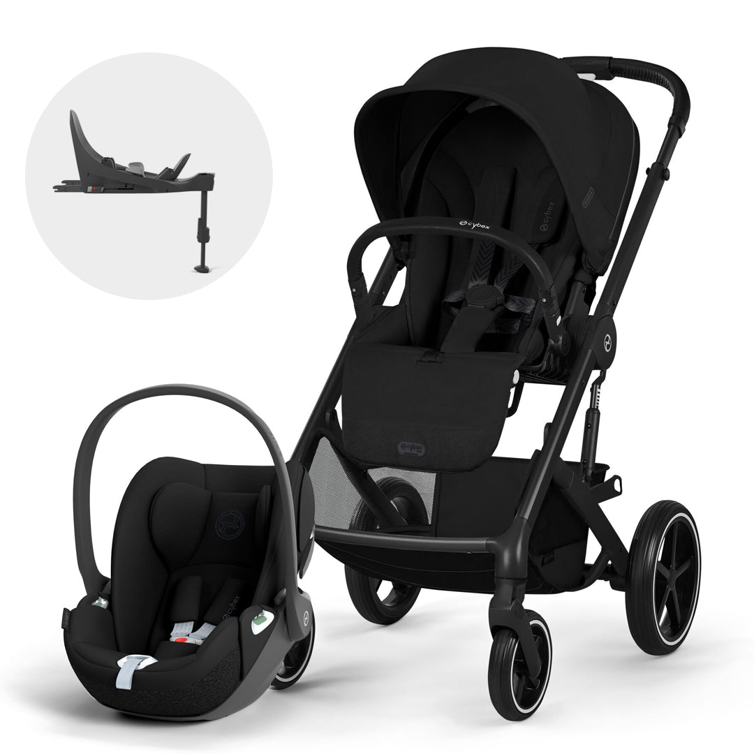 Travel System Balios S Lux 2026 de Cybex color Moon Black junto a la silla de auto nido Cloud T Comfort y su base Base T