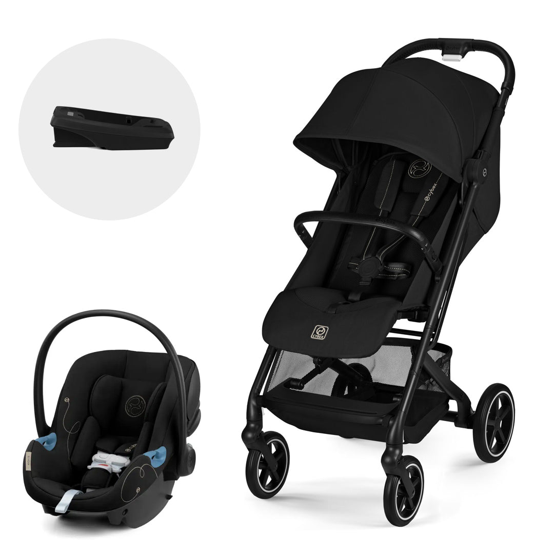Travel System Beezy Magic Black 2026 junto a silla de auto nido Aton G de Cybex y Base G