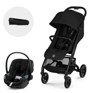 Travel System Beezy Magic Black 2026 junto a silla de auto nido Aton G de Cybex y Base G