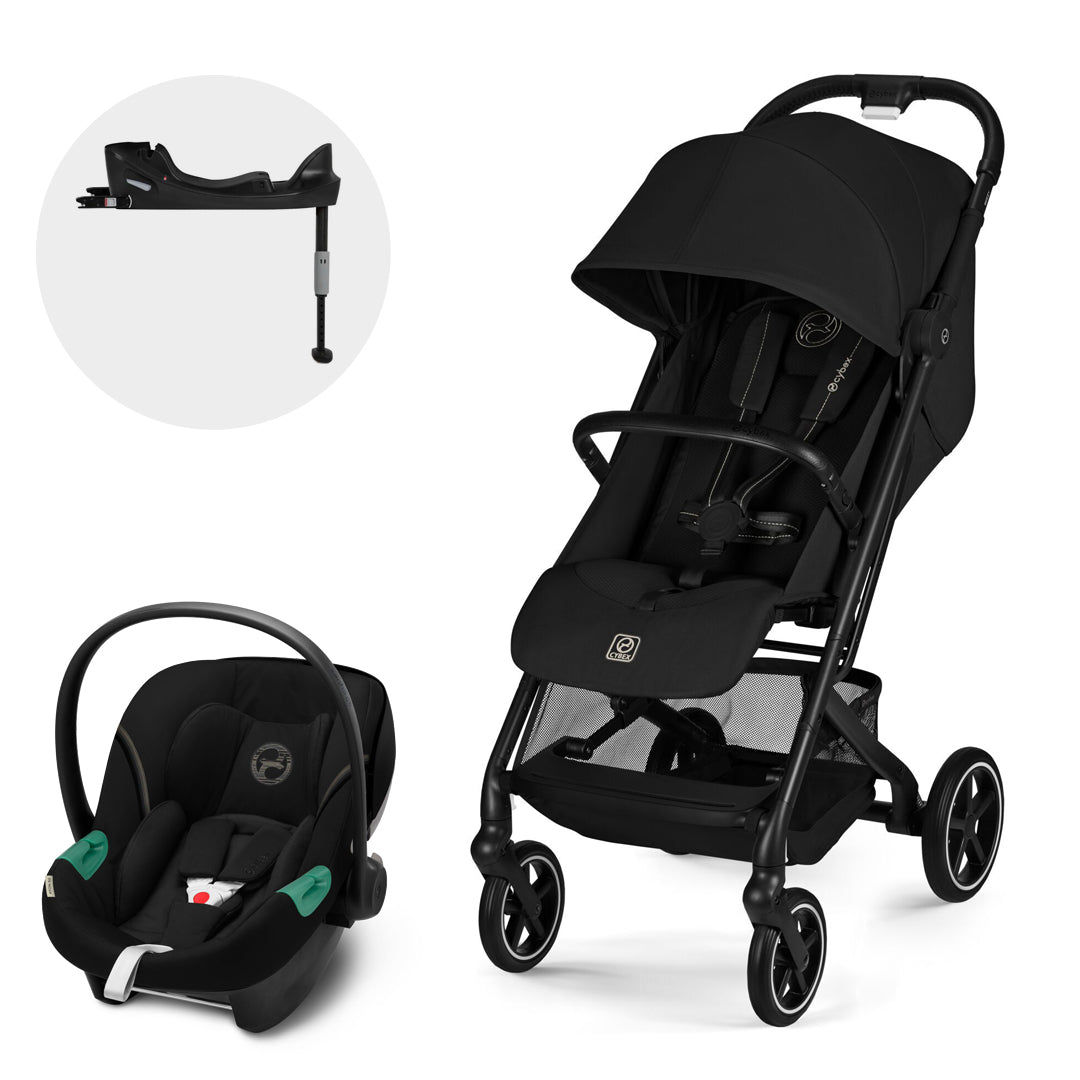 Travel System Beezy Magic Black 2026 junto a silla de auto nido Aton S2 de Cybex y Base One
