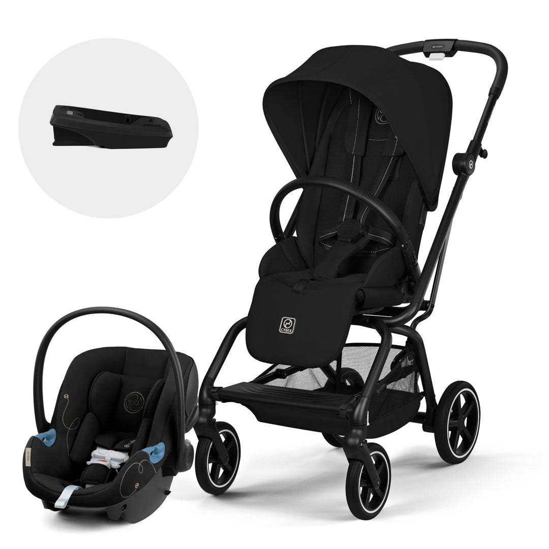 Coche de paseo Eezy S Twist Plus 2 2026 color Magic Black, vista frontal en ángulo + silla de auto nido aton s2 de cybex black y base one de cybex