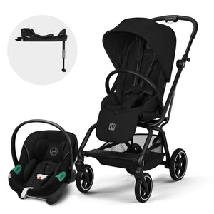 Coche de paseo Eezy S Twist Plus 2 2026 color Magic Black, vista frontal en ángulo + silla de auto nido aton s2 de cybex black y base one de cybex
