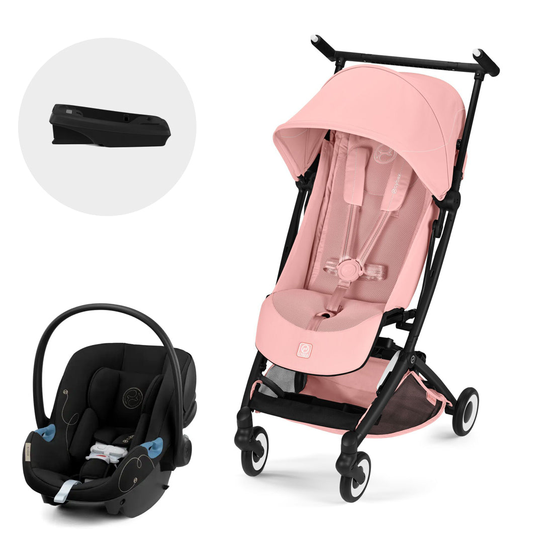 Travel System Libelle 2026 candy pink de Cybex Gold vista lateral frontal con Aton G + base
