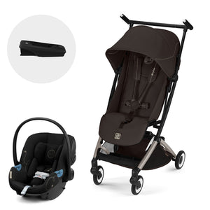 Travel System Libelle 2026 chocolate brown de Cybex Gold vista lateral frontal con Aton G + base
