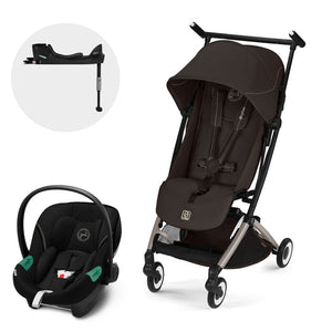 Travel System Libelle 2026 chocolate brown de Cybex Gold vista lateral frontal con Aton S2 + base one