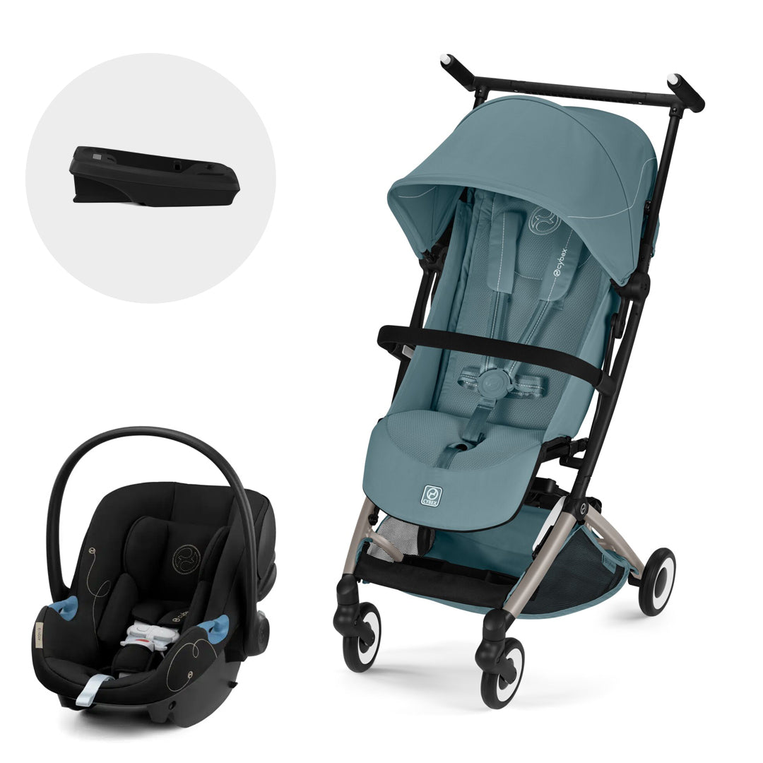 Travel System Libelle 2026 stormy blue de Cybex Gold vista lateral frontal con Aton G + base