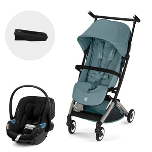 Travel System Libelle 2026 stormy blue de Cybex Gold vista lateral frontal con Aton G + base