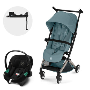Travel System Libelle 2026 stormy blue de Cybex Gold vista lateral frontal con Aton S2 + base one