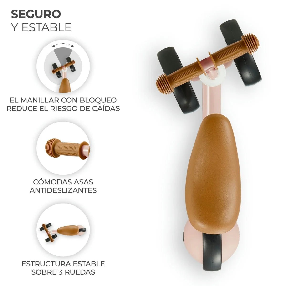 vista superior de Triciclo Cutie rosado claro con detalles café claro