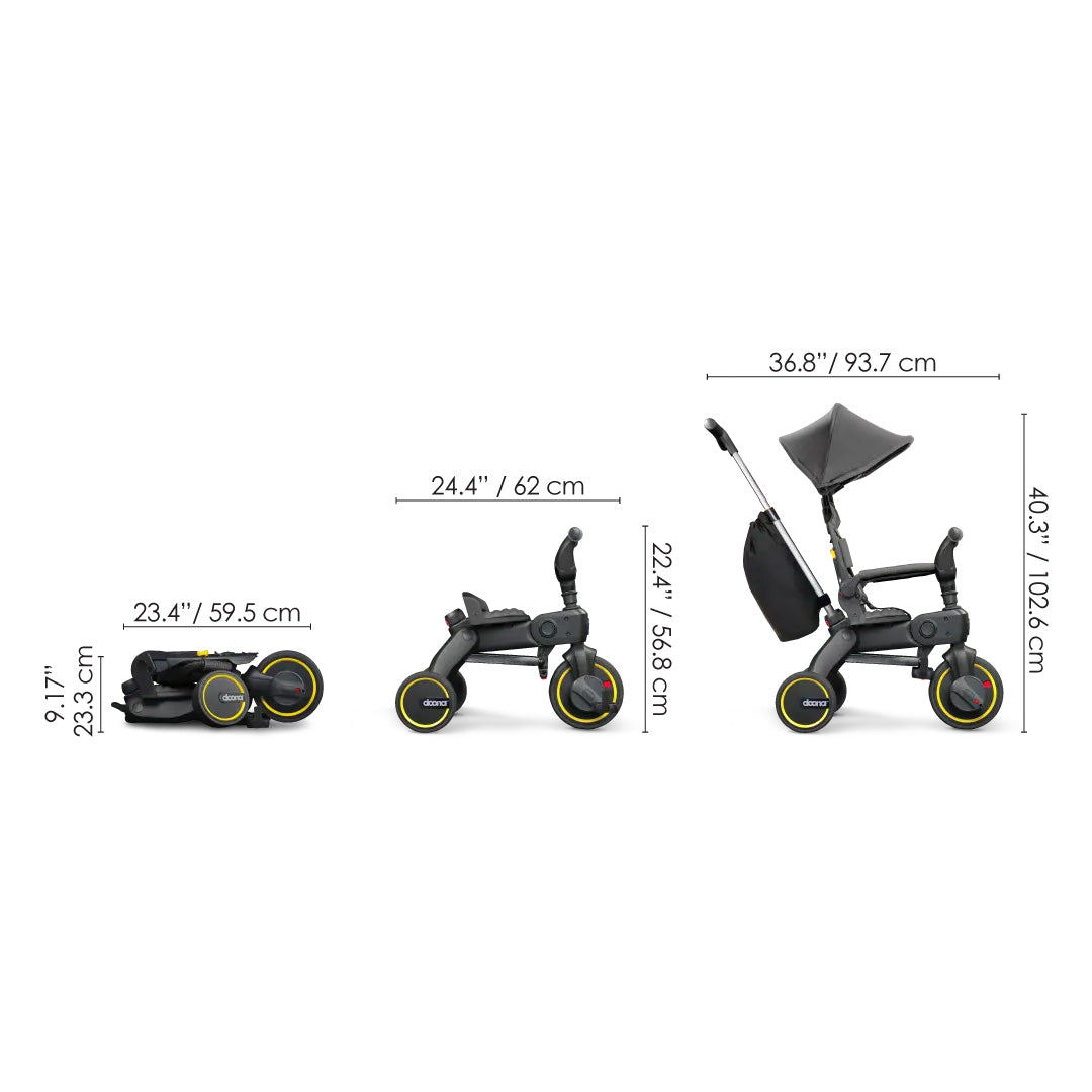 Diagrama de dimensiones del triciclo evolutivo Liki Trike S3 de Doona