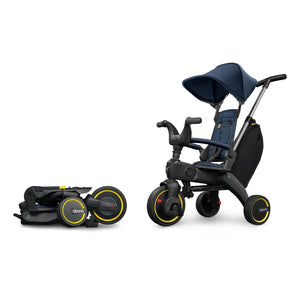 Triciclo evolutivo Liki Trike S3 de Doona plegado y en modo coche, color Deep Blue