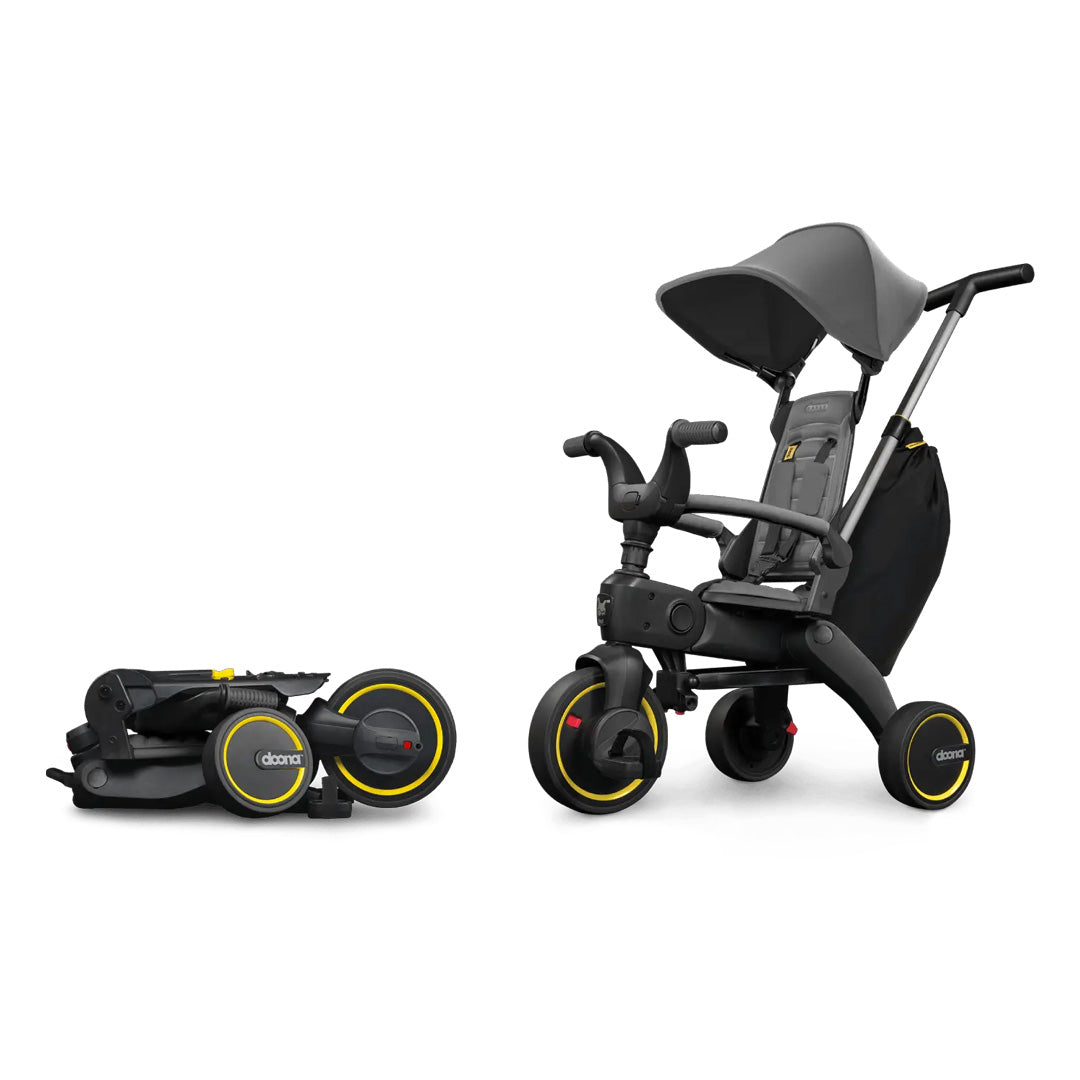 Triciclo evolutivo Liki Trike S3 de Doona plegado y en modo coche, color Grey Hound