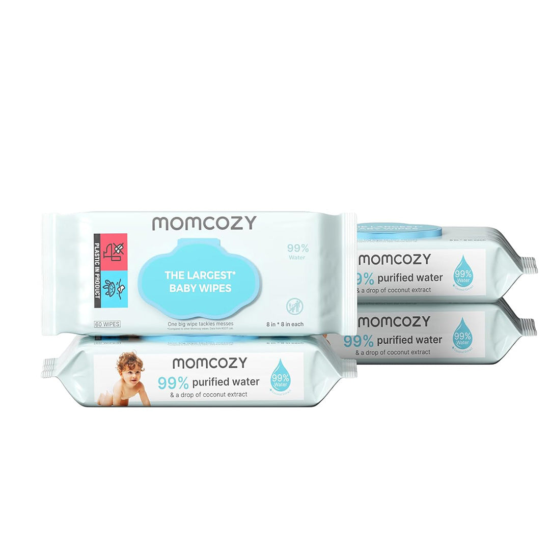 Toallitas húmedas extra grandes Momcozy, cuatro paquetes de 60 unidades con 99% de agua purificada y tapa abatible celeste