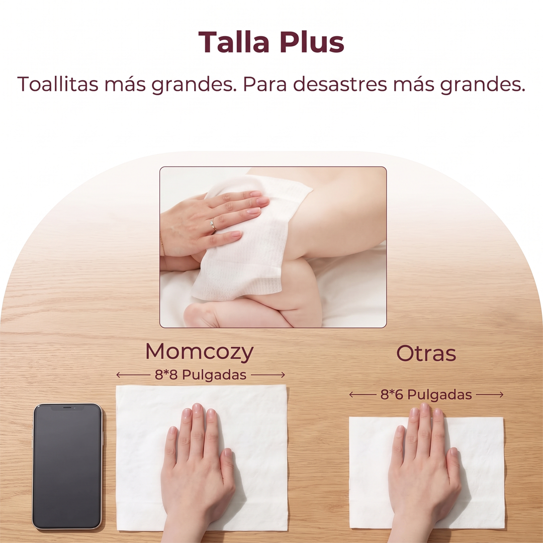 Toallitas húmedas Momcozy talla Plus de 20 x 20 cm limpiando la pierna de un bebé, comparadas con una toallita común más pequeña