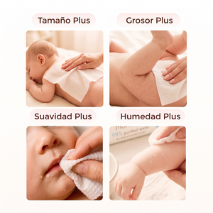 Cuatro ventajas de las toallitas húmedas Momcozy Plus: tamaño, grosor, suavidad y humedad, mostradas con bebés usándolas