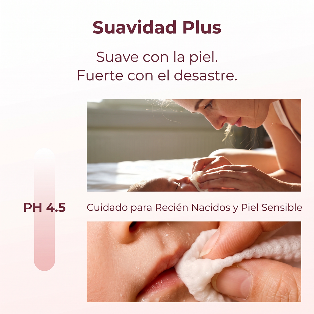 Mamá limpiando suavemente la cara de un recién nacido con una toallita húmeda Momcozy de pH 4.5 para piel sensible