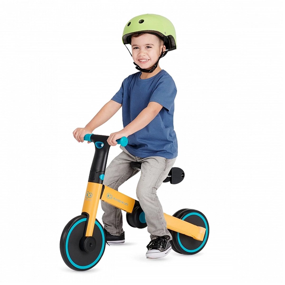 Kinderkraft 4TRIKE Triciclo 3 en 1, Minibicicleta, sin Pedales, Bicicleta bebé, para niños, Minitriciclo de Equilibrio, Plegable, Asiento Ajustable, 12 meses - 5 años, 25 kg, Amarillo y Azul